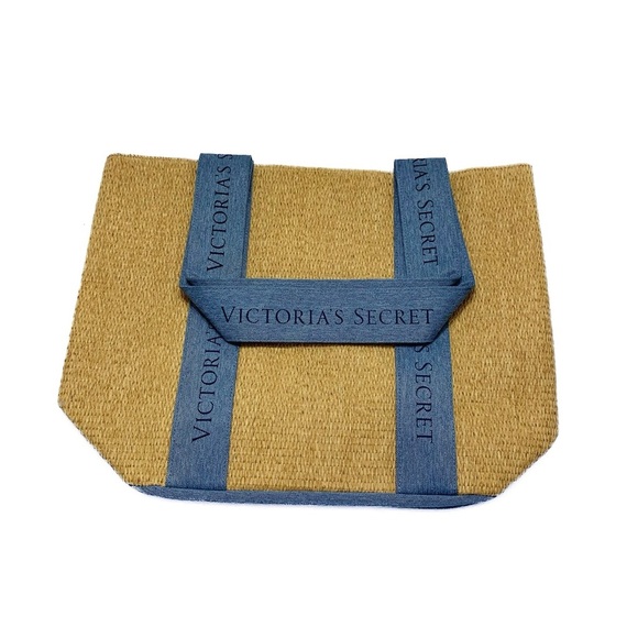 Victoria's Secret Large Weekender Straw Beach Tote Bag Blue Logo Travel Bag - Picture 2 of 9